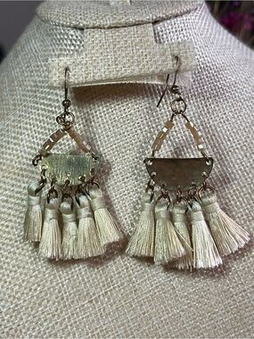 Bohemian Cream Tassel Dangle Earrings with Vintage Metal Accents